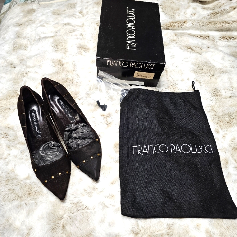 Franco Paolucci pointed‎ toe suede brown/ gold accents, square heel Sz 39 - Picture 8 of 13